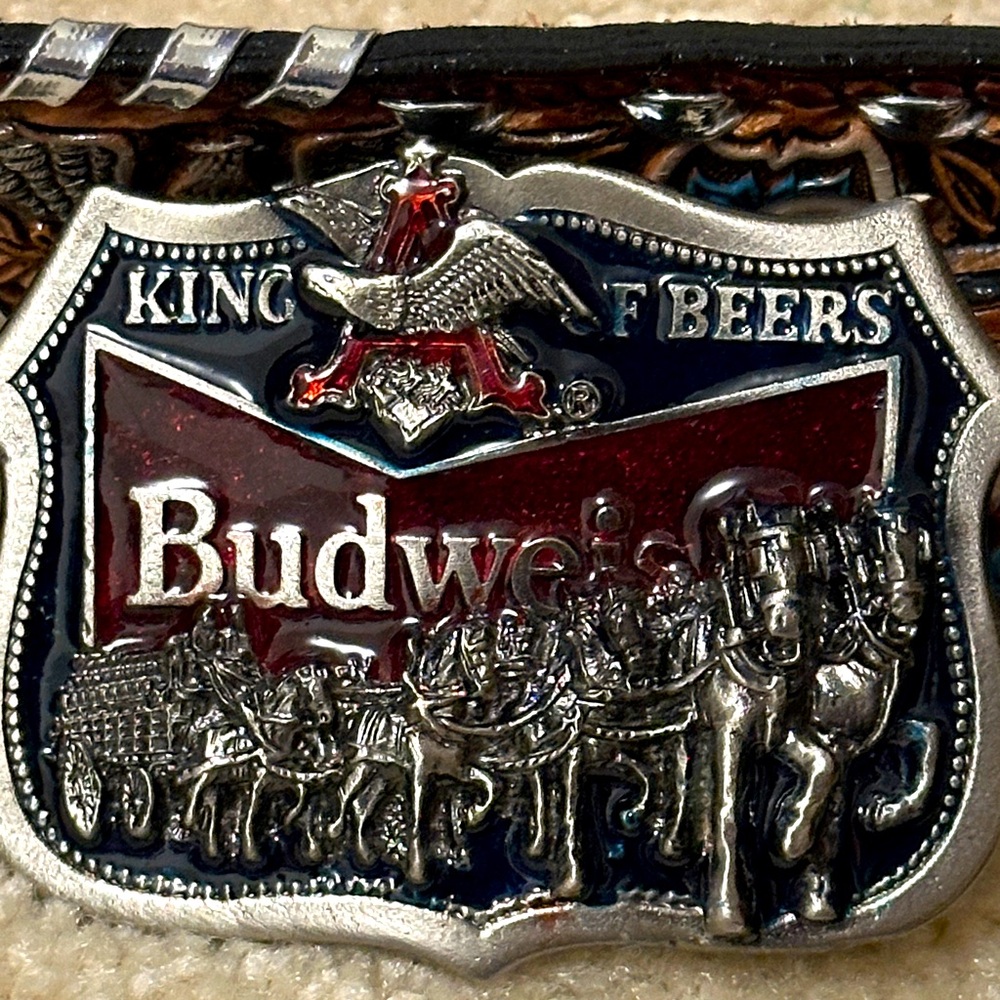 Budweiser Silver and Red Belt Buckle and tooled leather belt size 36
